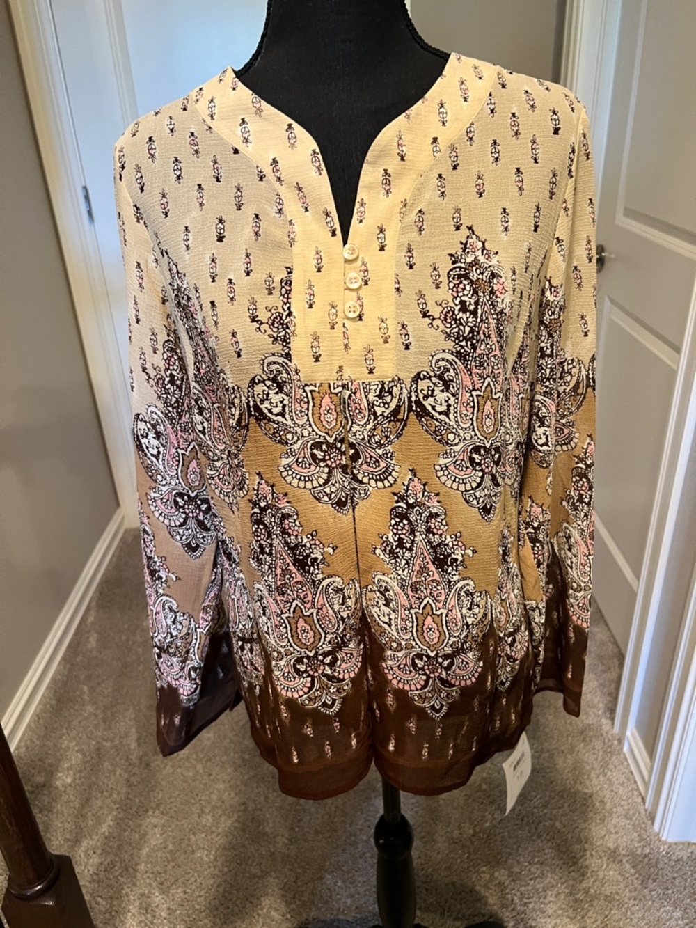 Emma James Cream, Brown and Pink Paisley Split-Neck Tunic - Picture 1 of 11
